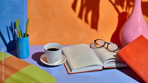 Morning Scene With Coffee, Books, and Plants on Colorful Table