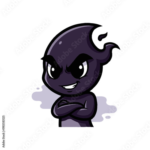 Smiling cartoon demon character with horns.