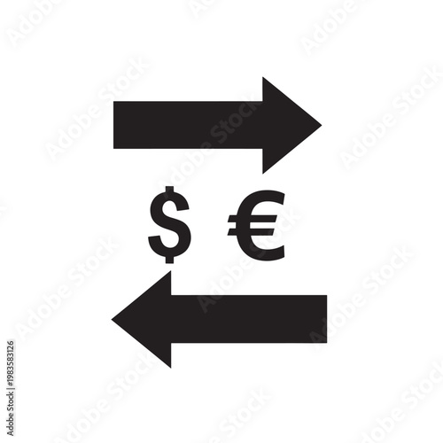 Black and white icon illustrating currency exchange between dollar and euro with opposing arrows.