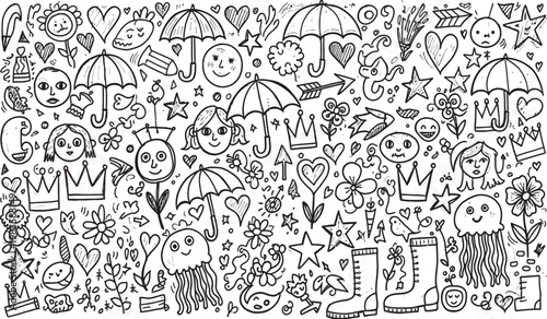 Whimsical doodle art a chaotic collection of faces umbrellas and playful objects in black and white