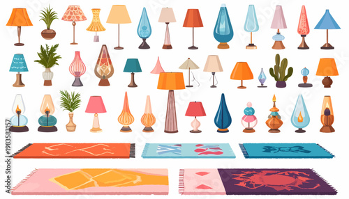 Collection of colorful lamps on stands.