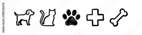 Set of five minimalist hand-drawn veterinary icons including a dog, cat, paw, cross, and bone. Black line art doodle for pet care, animal clinic branding, and veterinarian services.
