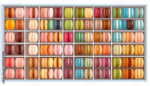 Assorted colorful macarons in tray.