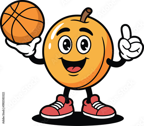 Cartoon apricot character happily holding a basketball giving thumbs up