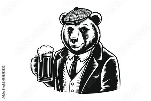 Black and white of a panda bear in a suit holding a mug of beer