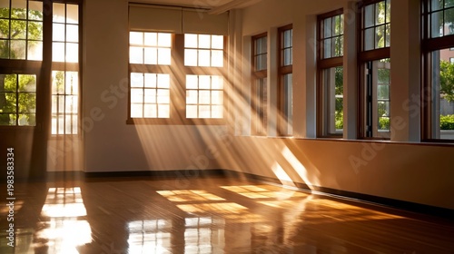 Sunlight Streams Into an Empty Room With Large Windows and Polished Wood Floo...