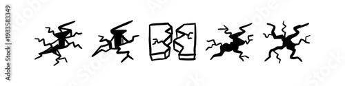 Hand-drawn set of crack and fracture icons. Doodle style illustrations showing broken surfaces, fissures, and split objects. Ideal for design elements, comics, or disaster symbols.
