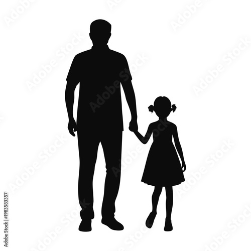 Black silhouette of man and little girl holding hands, father daughter duo, family unity, love and care vector icon