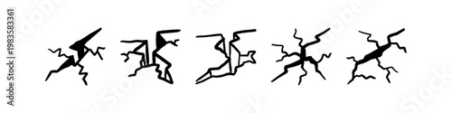Set of hand-drawn black crack icons and fissure sketches on a white background. Perfect for representing ground damage, broken surfaces, or earthquake effects in a minimalist vector style.