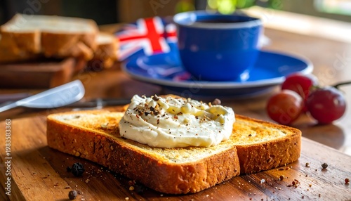 A slice of toasted bread topped with butter and herbs