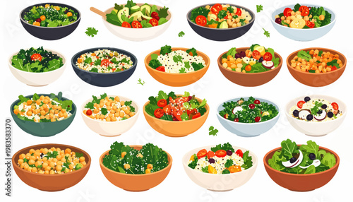 Variety of colorful salad bowls.
