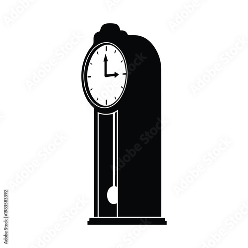 Vintage grandfather clock silhouette with pendulum showing three oclock on white background