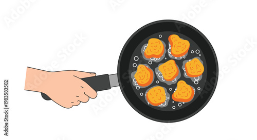 A cartoon hand firmly holds the handle of a dark frying pan containing several golden breaded chicken nuggets sizzling in hot bubbling cooking oil.