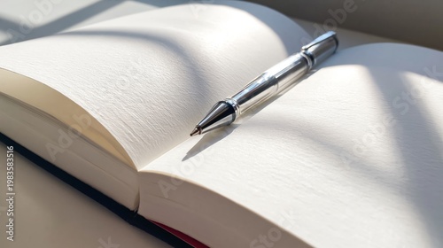 Silver Pen Rests on Open Blank Notebook on Wooden Table by Sunlight in a Quie...