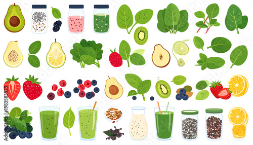 Variety of fruits and green drinks.