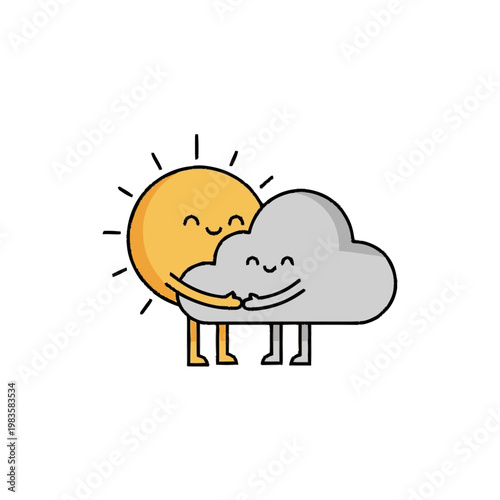 Smiling Sun and Cloud Characters Hug.