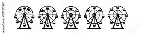 Collection of five black Ferris wheel silhouette icons on a white background. Minimalist amusement park and carnival ride symbols for graphic design and theme park illustrations.