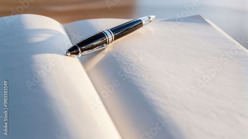 Silver Pen Rests on Open Blank Notebook on Wooden Table by Sunlight in a Quie...