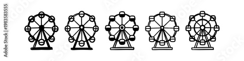 Quadro em tela Set of five hand-drawn Ferris wheel icons in a minimalist sketch style, suitable for carnival, amusement park, or fairground designs