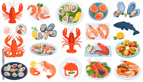 Variety of seafood dishes and plates.