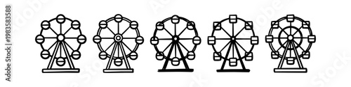 Set of five hand-drawn Ferris wheel icons in a black and white doodle style. Perfect for amusement park, carnival, and funfair themed illustrations and designs.