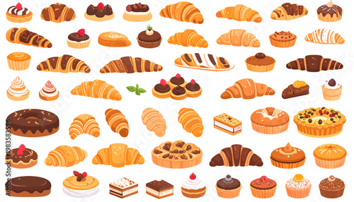 Variety of sweet baked pastry desserts.