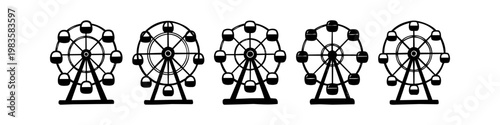 Collection of Ferris wheel icons and silhouettes. Five different designs of amusement park rides for carnival, fairground, and festival graphics. Minimalist black vector elements on white.