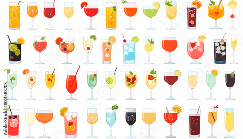 Variety of colorful cocktail drinks.