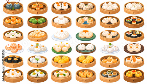 Variety of dim sum dishes served.