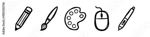 Hand-drawn doodle set of traditional and digital art tools including a pencil, paintbrush, palette, computer mouse, and stylus. Minimalist black and white icons for creative design.