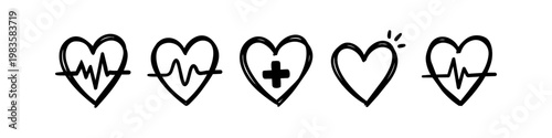 Set of hand-drawn medical heart icons with heartbeat pulse lines and medical cross symbols in a minimalist doodle style. Black ink sketches on white background for cardiology and healthcare.