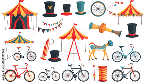Bicycles and circus accessories illustration.