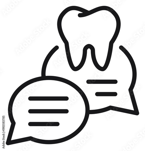 Black line art vector illustration of a tooth with speech bubbles, symbolizing dental consultation, online dentist chat, oral health advice, medical communication, and professional dentistry support.