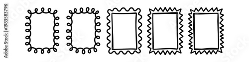 Set of hand-drawn doodle frames and borders. Minimalist black ink sketchy rectangular banners with wavy, curly, and spiky edges on white background. Creative design elements for headers.