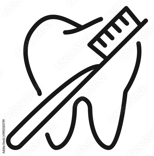 Minimalist black line art vector icon of a tooth and toothbrush, symbolizing dental care, oral hygiene, and dentistry. Clean scalable illustration for medical, health, and wellness branding.