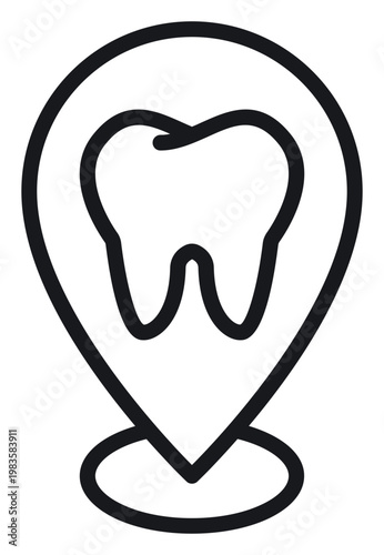 Foto Dental Clinic Location Vector Icon: Minimalist Black Line Art Illustration of a Tooth Inside a Map Pin Pointer for Dentist Office Finder, Oral Healthcare Services, and Medical GPS Navigation