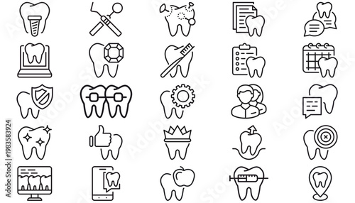 25 Dental Vector Icon Set: Black Minimalist Symbols for Dentistry, Oral Healthcare, Hygiene, Stomatology, Tooth Implant, Braces, X-ray, Tools, Consultation, Clinic Location, and Medical Care Bundle