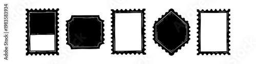 Set of hand-drawn postage stamp frames and borders in a grunge sketchy style. Black ink vintage postal stamp collection for design elements, stationery, and scrapbooking vector illustration.