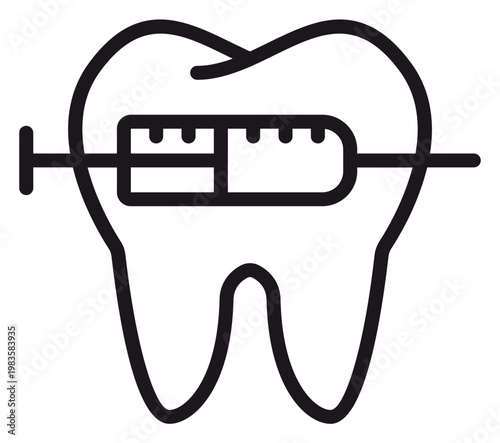 Black line art vector icon illustration of a tooth with a medical syringe for local anesthesia injection, symbolizing dental care, oral surgery, pain relief, and professional dentistry services.