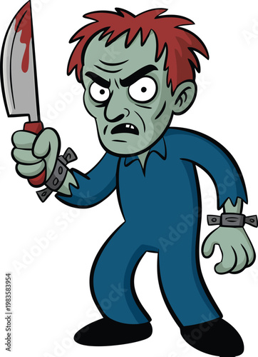 Cartoon zombie menacingly holds a large bloody kitchen knife