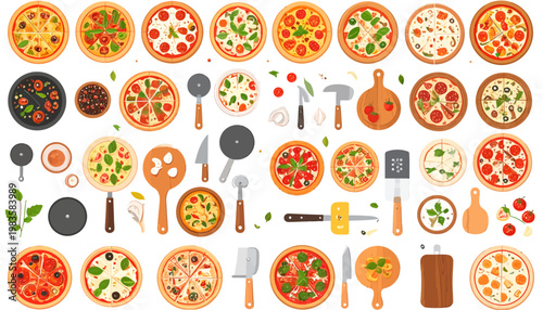 Variety of pizzas and toppings displayed.