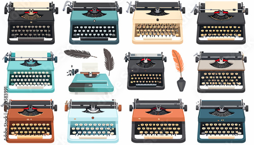 Vintage typewriters in various colors.