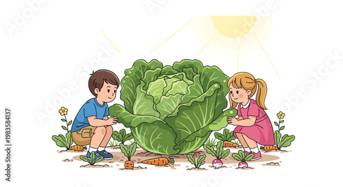 A cheerful young boy and girl marvel at a massive leafy green cabbage growing in a vibrant vegetable garden under a bright yellow glowing sun today.