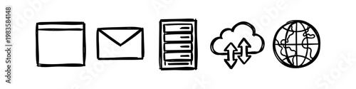 Set of hand-drawn technology and networking icons including server, cloud, email, and globe. Minimalist black and white doodle style for IT, data storage, and global communication concepts.
