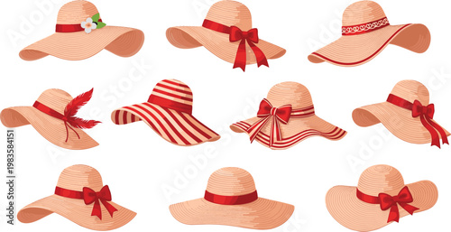 Summer straw hats collection with ribbon bow fashion accessories vector illustration beach sun protection elegant design