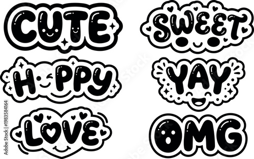 Black and white cute happy love sweet yay omg lettering vector art with smiling faces