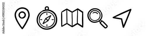Collection of hand-drawn navigation and travel icons including location pin, compass, folded map, magnifying glass, and navigation arrow. Minimalist doodle style on white background.