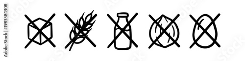 Hand-drawn minimalist icons for food allergies and dietary restrictions: sugar-free, gluten-free, dairy-free, nut-free, and egg-free. Black line art style icons on a white background.