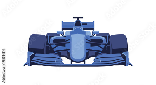 A professional blue formula one racing car displays its complex front wing and wide tires against a stark and clean white studio background setting now.