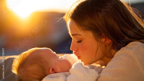 Mother and Baby Share a Kiss in Soft Light During a Quiet Moment Together at ...